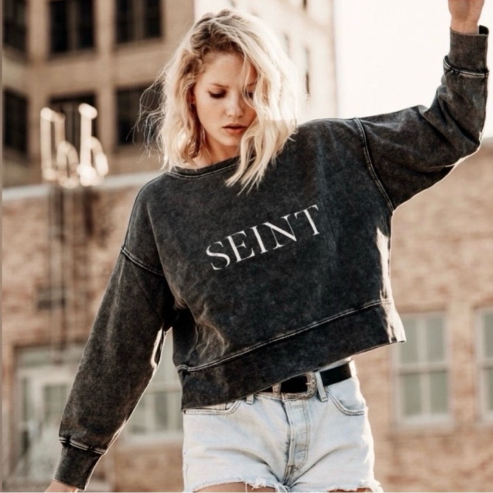 Seint Women's Charcoal Washed Graphic Sweatshirt Cotton Crewneck Size XL NWT $68